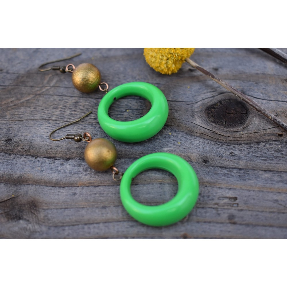 Lime Green Hoop and Bronze Boho Dangle Earrings Vintage Acrylic Statement